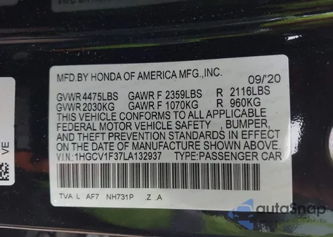 2020 Honda Accord Sport from USA, damaged, VIN 1HGCV1F37LA132937
